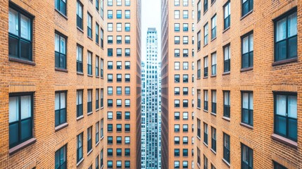 Fototapeta premium A view of tall brick buildings flanking a narrow alley, showcasing urban architecture and contrasting modern skyscrapers in the distance.