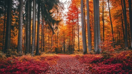 Obraz premium A vibrant autumn forest path surrounded by colorful foliage.