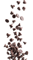 A cascade of chocolate chips falling delicately on a white surface, with clear focus and a transparent background for easy use in designs.