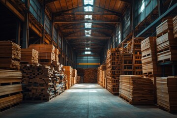 Industrial Warehouse with Neatly Stacked Planks