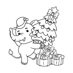 Christmas coloring page with elephant for kids