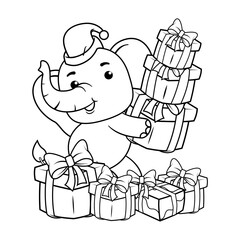 Christmas coloring page with elephant for kids