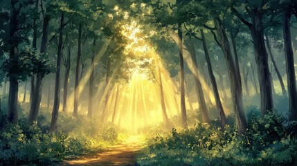 Obraz premium A serene forest scene with sunlight streaming through trees.
