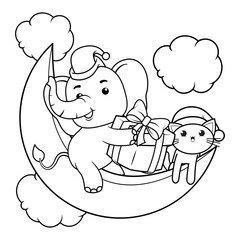 Christmas coloring page with elephant for kids