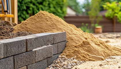 A pile of sand beside a stone wall in a construction area.