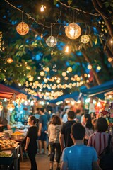 A vibrant night market bustling with people and decorative lights.