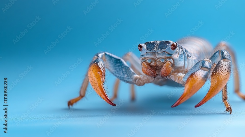 Poster detailed scorpion model on empty blue background in studio setup