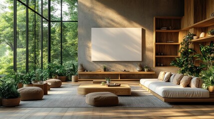 Modern living room with wooden furniture and plants minimalist design daylight ambiance interior concept