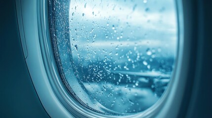 A close-up view of raindrops on an airplane window during flight.