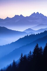 Obraz premium Serene mountain landscape at dawn with layered blue hues.