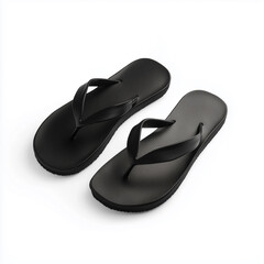 blank black beach slippers presented on a white background
