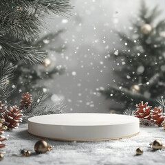 christmas themed product mockup template. empty podium with christmas elements around. snow feel. front angle 