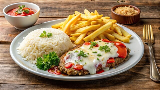 Delicious Parmegiana beef with rice and french fries, a typical Brazilian executive dish, Brazilian, cuisine, Parmegiana