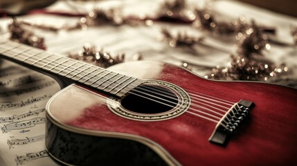 Obraz premium A red acoustic guitar rests on sheet music, surrounded by festive decorations.