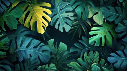 Fototapeta premium Lush Tropical Leaves: Vibrant Greens, Dark Shadows, Botanical Beauty, Exotic Plants, Nature's Masterpiece