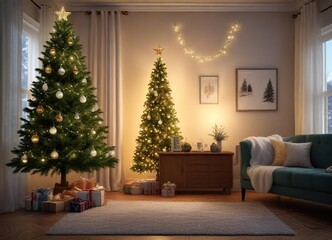 Fototapeta premium Glittering fairy lights and ornaments adorn a beautiful evergreen tree in a cozy living room, wintery ambiance, cozy living room, festive decor
