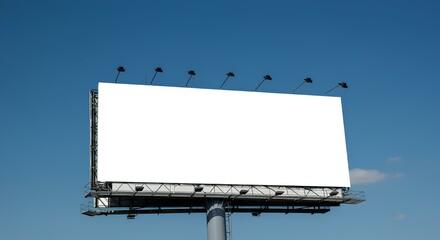 Fototapeta premium 澄んだ青空を背景にした看板のローアングルビュー。広告。OOH｜Low angle view of a billboard against a clear blue sky. Advertising. OOH. 