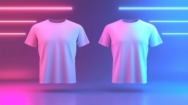 Dynamic display of colorful t-shirts under neon lights studio setting fashion photography