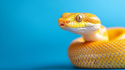 Fototapeta premium Beautiful Yellow Snake on Vibrant Blue Background with Smooth Texture