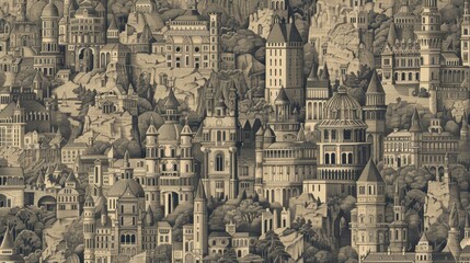 Obraz premium A detailed illustration of intricate architectural structures in a landscape.