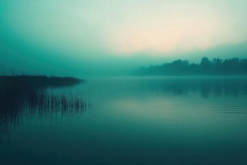 A serene misty lake at dawn, creating a tranquil atmosphere.