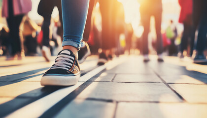 Fototapeta premium Focus on a traveler’s feet standing on a marked waiting line. Generative AI.