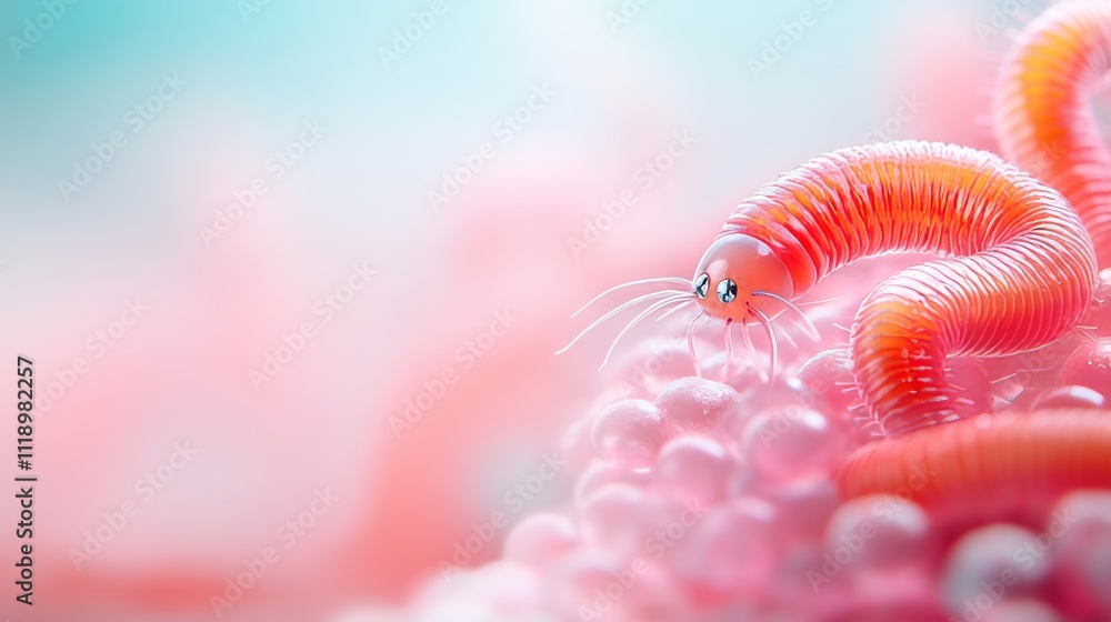Poster colorful 3d worm on soft background with blurred elements