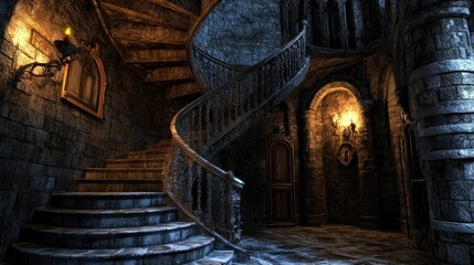 Ancient stone spiral staircase in a dark castle interior.