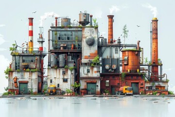 Obraz premium A vibrant industrial complex with greenery and vehicles.