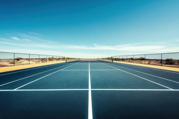 A clear tennis court under a bright blue sky in a desert setting.