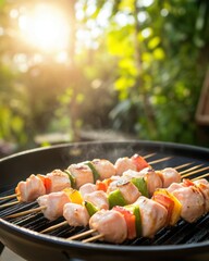Grilled Chicken Kebabs with Colorful Vegetables on Barbecue, Sunlight Glimmering in Background, Outdoor Cooking Experience in Nature
