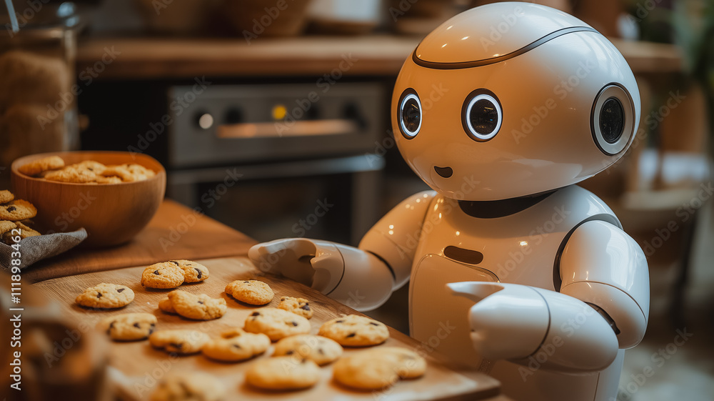 Poster a robot is standing in front of a table with a tray of cookies. the robot is holding a tray of cooki