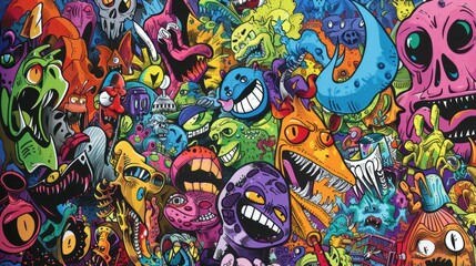A vibrant collage of cartoonish, monstrous faces and creatures.