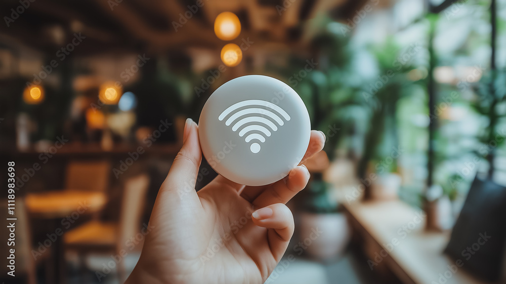 Poster a person is holding a white object with a wifi symbol on it. the wifi symbol is surrounded by a whit