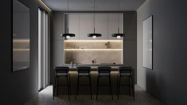 Animated modern kitchen showcases sleek design, strategic lighting, and functionality