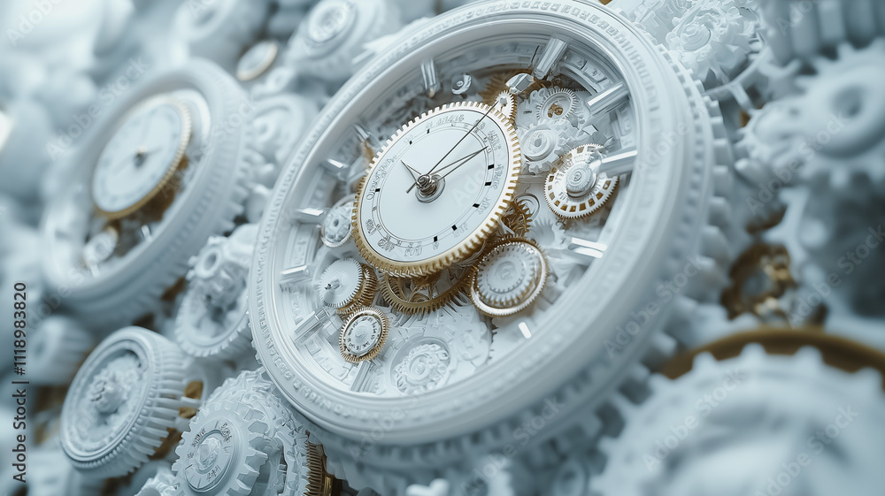 Poster a clock with many gears and a white face. the clock is set at 12:00. the clock is surrounded by many