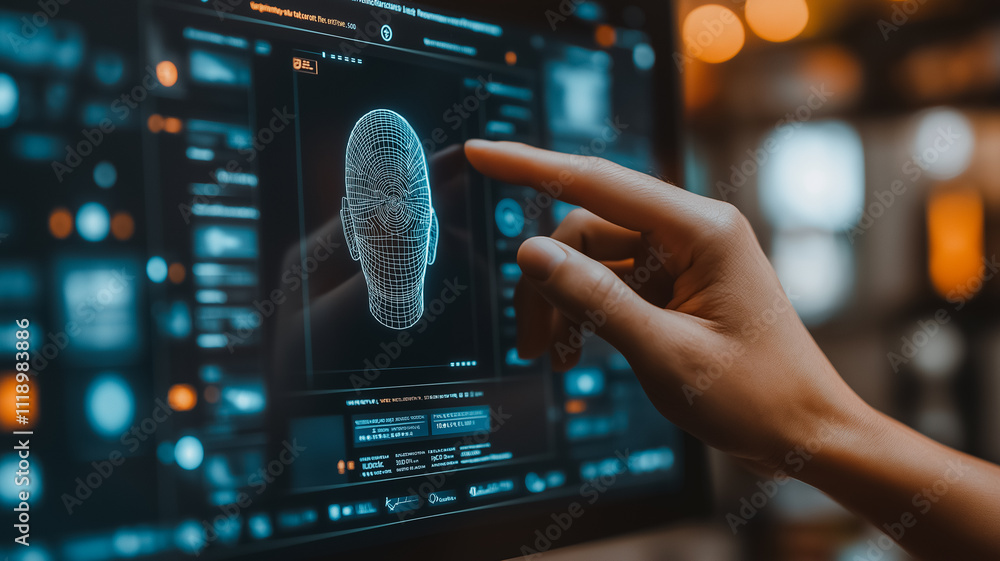 Poster a person is pointing at a face on a computer screen. the face is a digital representation of a perso