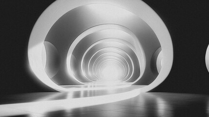 Obraz premium A long, narrow hallway with a white ceiling and a white floor. The hallway is empty and the only light source is a single light bulb