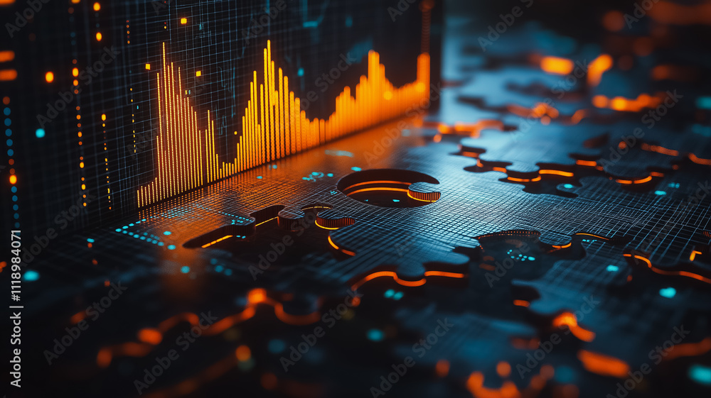 Poster a jigsaw puzzle with a piece that has a graph on it. the graph is orange and has a lot of lines
