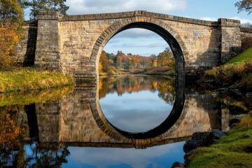Fototapeta premium A stone arch bridge reflected in calm waters surrounded by autumn foliage.