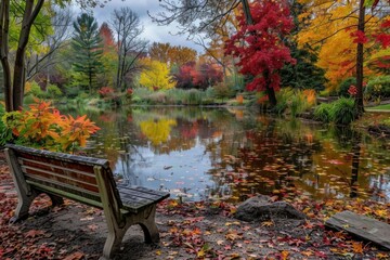 A serene park scene with vibrant autumn foliage reflecting in a pond.