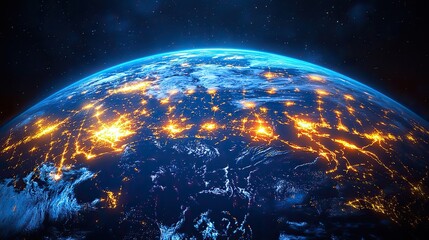 Obraz premium Digital globe with interconnected city lights across countries, representing worldwide business and connectivity