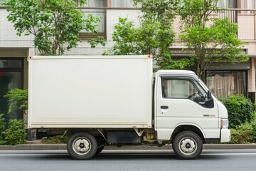 White Delivery Truck Parked on Urban Street with Green Trees and Residential Buildings in Background, Ideal for Logistics and Transportation Themes