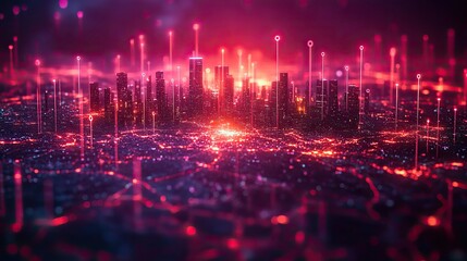 Fototapeta premium Digital world map featuring red and blue dots and upward arrows connecting cities, in a purple-toned background