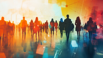 People walking in a vibrant, colorful urban environment during sunset hours