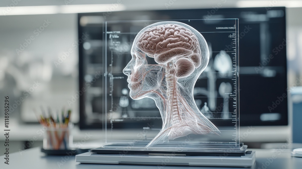Aufkleber Detailed Visualization of a Human Brain Structure in a Modern Laboratory Setting with Advanced Technology and Digital Displays