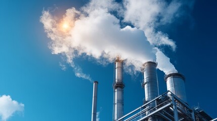 Industrial Smokestacks Emitting Cloudy Smoke Against Blue Sky