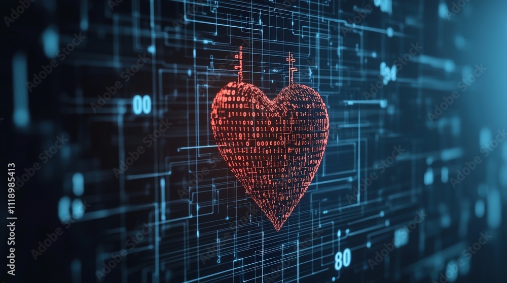 Aufkleber Digital Heart in Binary Code Over Abstract Technology Background Representing Connection Between Health and Technology in Modern Society