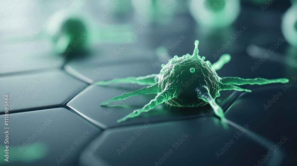 Poster Microscopic View of a Green Cell with Extensions on a Hexagonal Surface Depicting Cell Structure and Function in Scientific Research Context