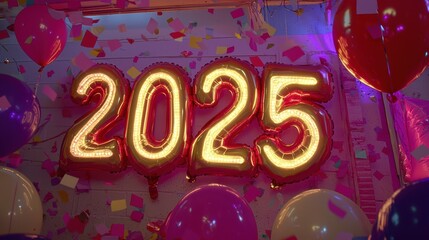 New year's celebration 2025 countdown vibrant party venue festive decor colorful environment